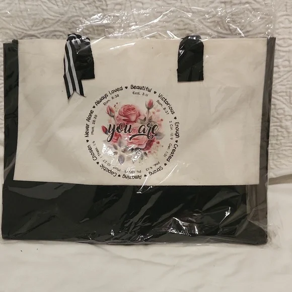 New! Canvas tote large bag with scripture religious Christian flower white black - Picture 7 of 7